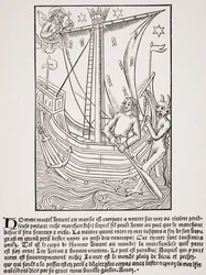 Koopvaardijschip in een storm, facsimile van een houtsnede in 